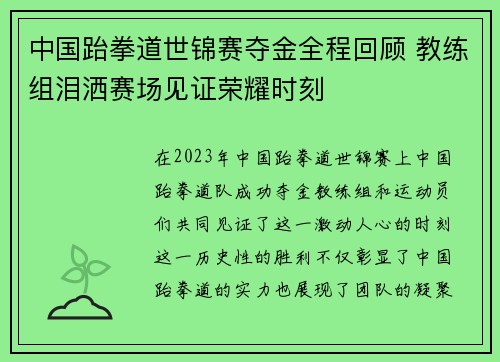 中国跆拳道世锦赛夺金全程回顾 教练组泪洒赛场见证荣耀时刻